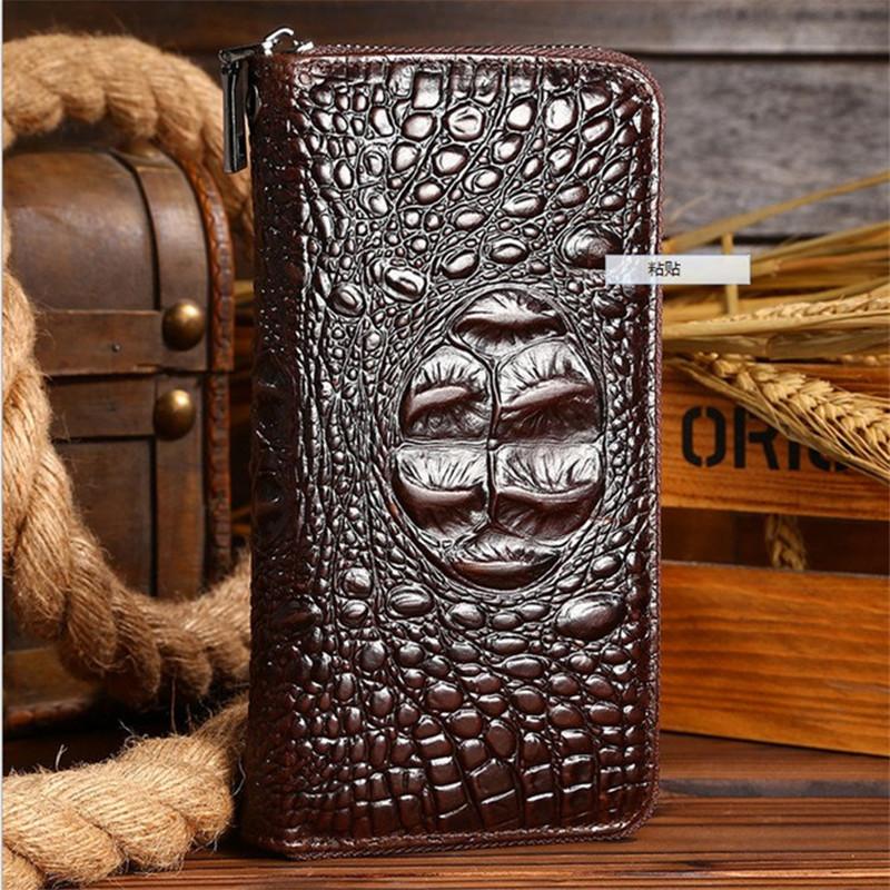 

Wallets Long Genuine Leather Wallet Men Zipper Real Cow Card Holder Crocodile Pattern Brown High Quality Pocket Purse For