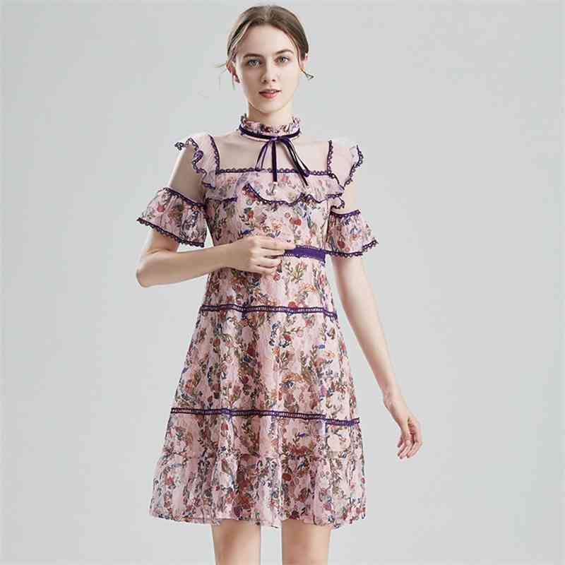 

Summer Flower Print Lace Dress Women' Flare Sleeve Ruffles Mesh Patchwork Party Dresses Vestidos 210520, Photo color