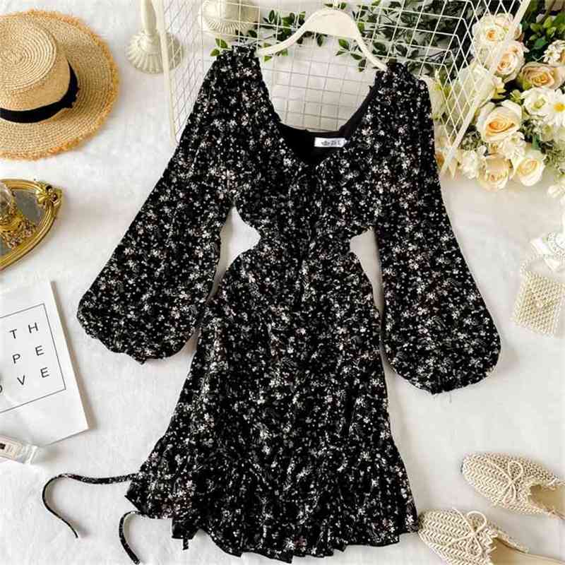 

Retro Women Dress Summer Lantern Sleeve Chiffon Floral Ladies Slim Ruffle Bodycon Print Robe Vertidos Mujer 210525
