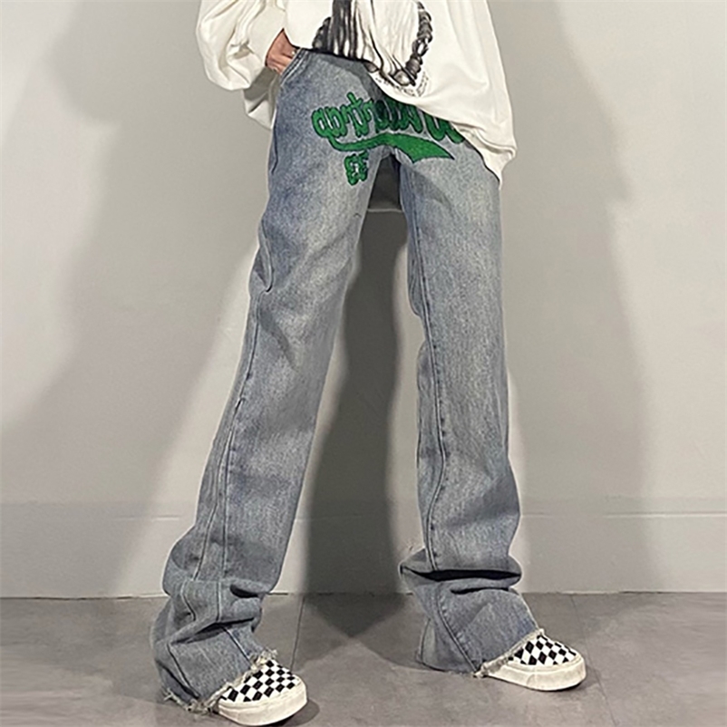 

SHENGPALAE High Street Embroidered Jean's Spring Waidt Fashion Loose Straight Tube Denim Pants Female 5B301 210629, Light blue