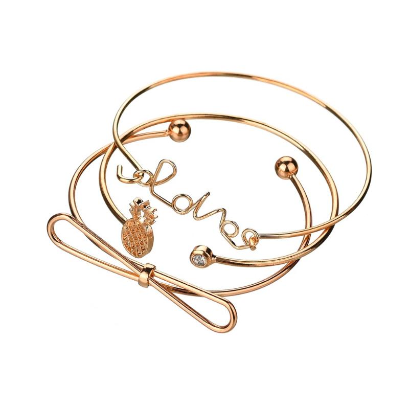 

Link, Chain Europe America Simple Pineapple White Rhinestone Love Bow Adjustable Three-piece Bracelet Holiday Gift