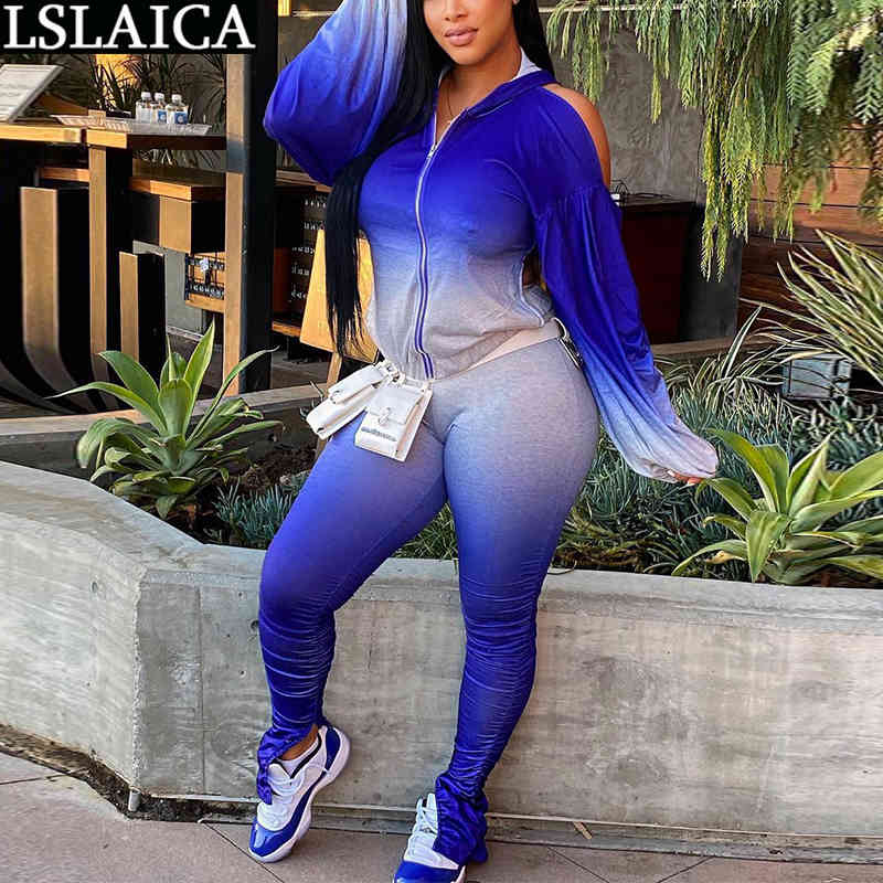 

Sports Suit Backless Elastic Waist Long Sleeve Fashion 2 Piece Sets Womens Outfits Zipper Casual Hooded Collar Chandals De Mujer 210520, Blue
