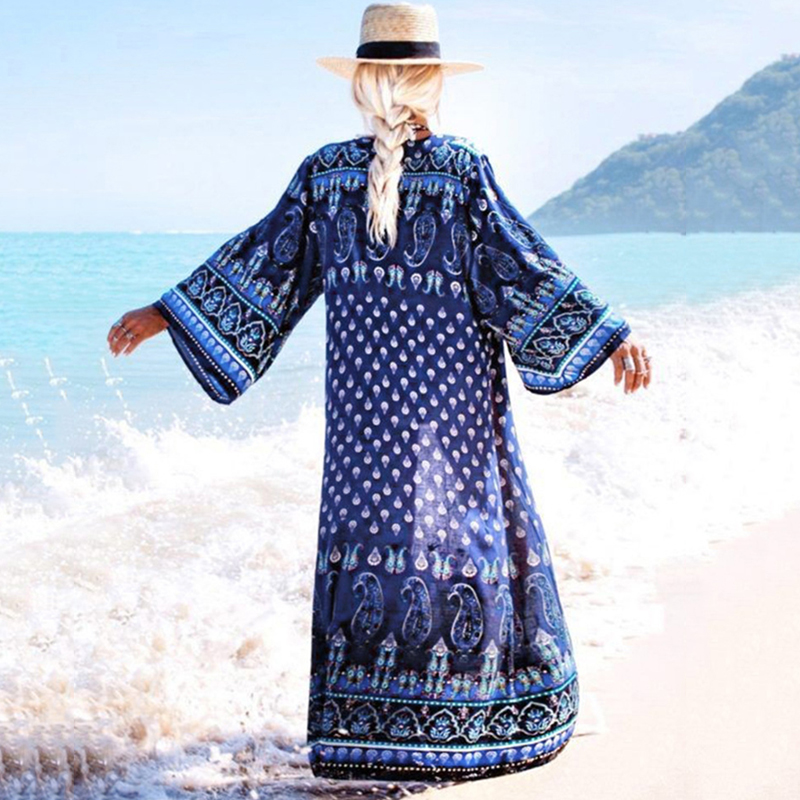 

Fitshinling Big Sleeve Beach Kimono Swimwear Print Swimsuits Cove-Up BOHO Summer Sexy Long Cardigan Holiday Slim Bikini Outing
