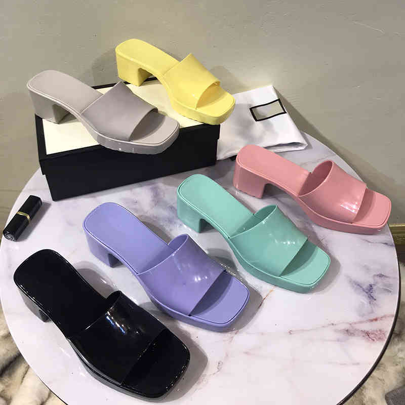 

Women Rubber High Heel Slide Sandal 6cm Platform Slipper Pink Green Candy Colors Outdoor Beach Slides Slippers Flip Flops With Box 267, Black