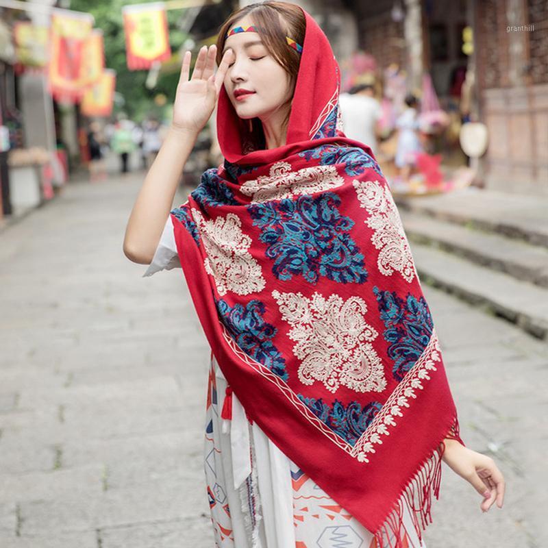 

Scarves Arrival Women Embroider Scarf Wrap Chinese Ethical Style Thickening Retro Flower Edging Long Shawl All-Match Warps, Blue;gray