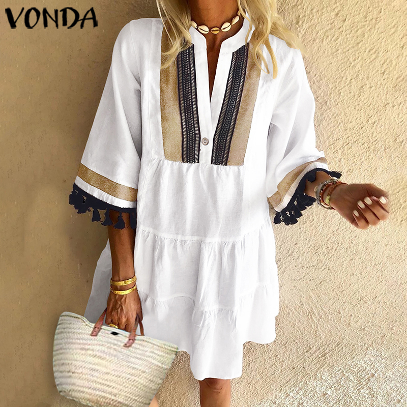 

VONDA Summer Beach Dress Women Sundress Vintage Print Sundress V Neck Party Dress 2021 Bohemian Vestido Casual Robe Plus Size, Red