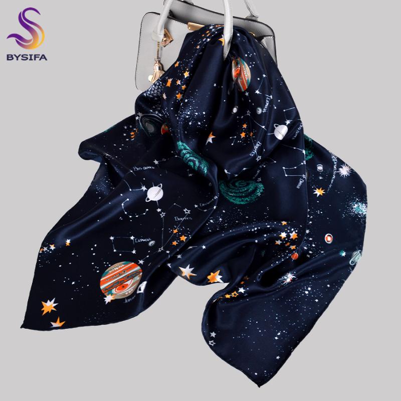 

Scarves BYSIFA|Winter Ladies' Hijabs Elegant Navy Blue Square 100% Silk Neck Scarf Printed Constellation Design Scarves110*110cm