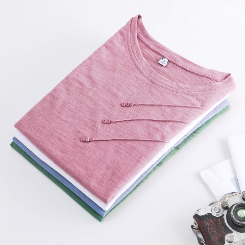 

Short sleeve Summer Women Ribbed Cotton Tee-shirts Female Button Loose Casual fashion T-shirts 2021 Blue O-Neck Korea Tops -3XL