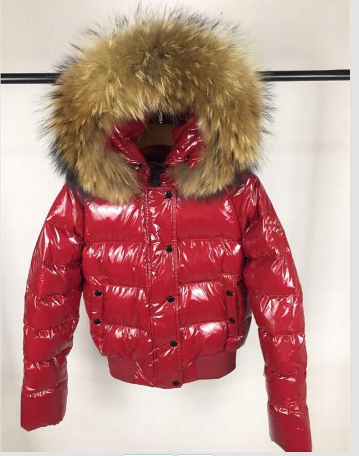 

Women Big Real Raccoon Fur Hooded Down Coat Thick Warm Short High waist Jacket Waterproof Parkas Black/Red Size 1234