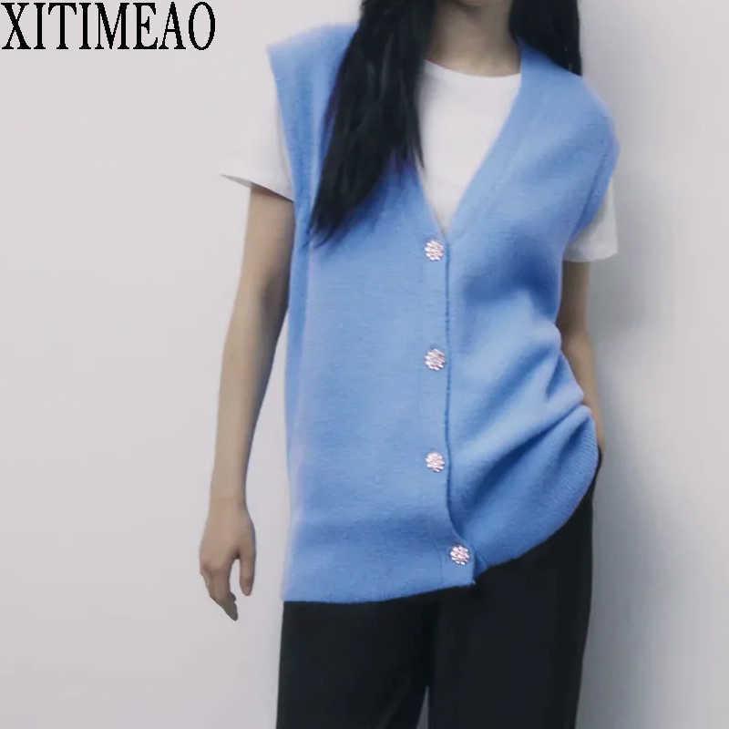 

Za Women Fashion Knitted Cardigan Vest Sweater V-neck Sleeveless Solid Color Loose Female Waistcoat Chic Tops XITIMEAO 210602, Blue