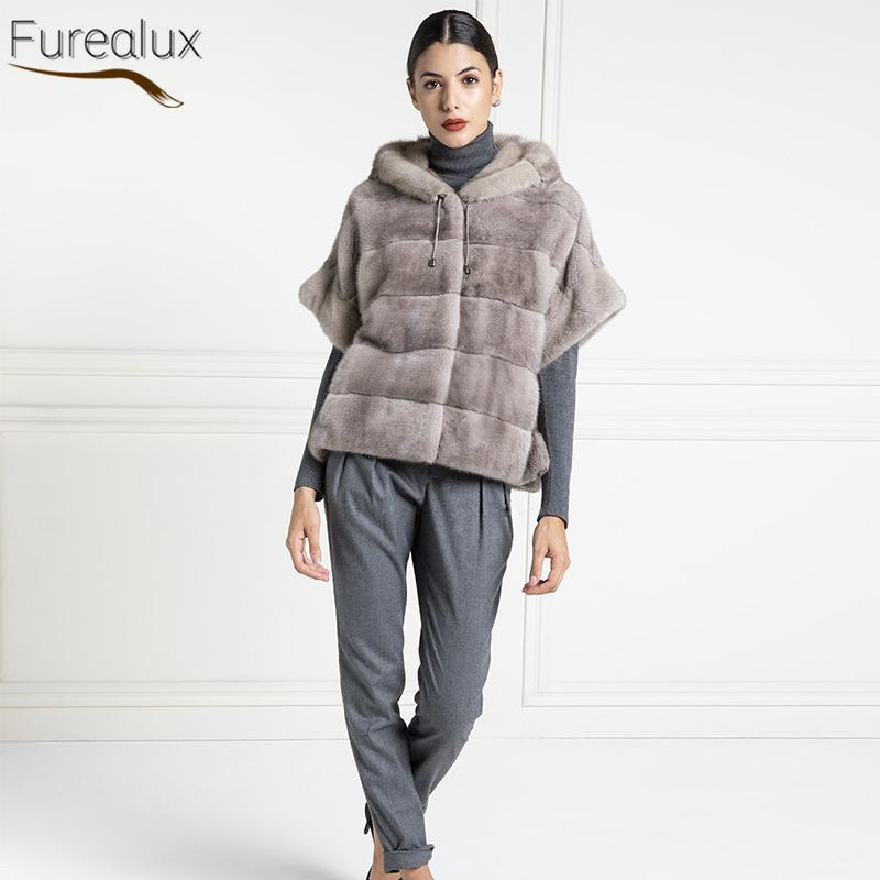 

Women's Fur & Faux FUREALUX 2021 Winter Jackets Natural Mink Hat Short Sleeve Coat Full Genuine Leather Fashion Vintage Outerwear, Black