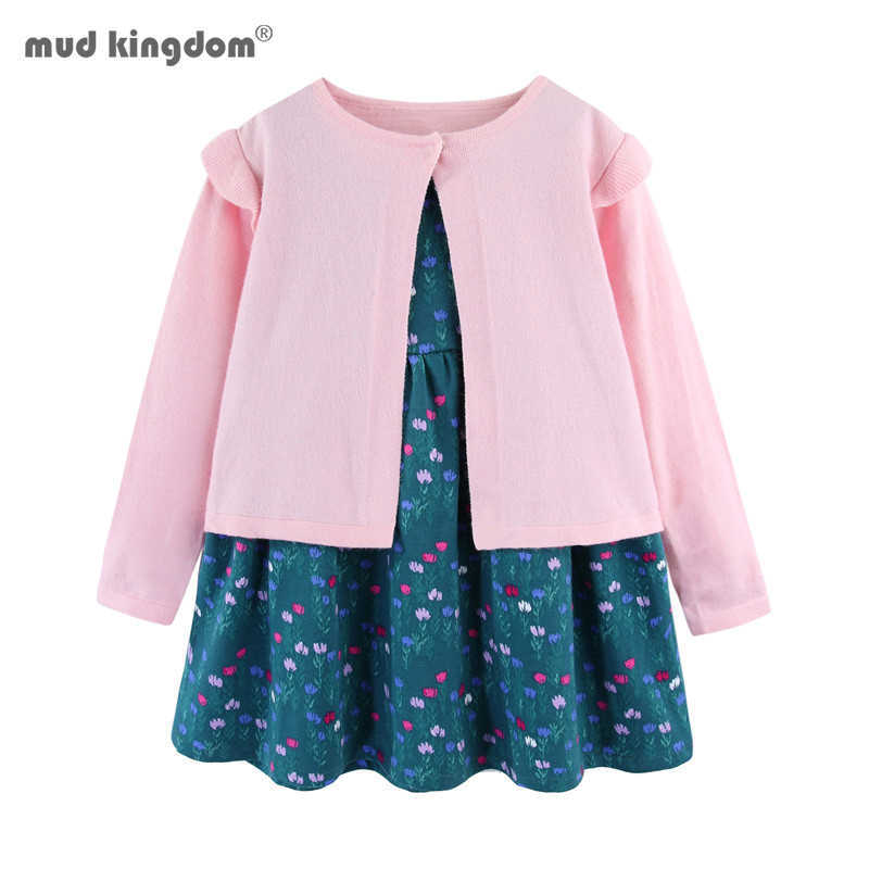 

Mudkingdom Girls Sweater Set Spring Autumn Kids Ches Long Sleeve Knitted Cardigan+Sleeveless Dress Suit Flower Print Dresses 210615, Black