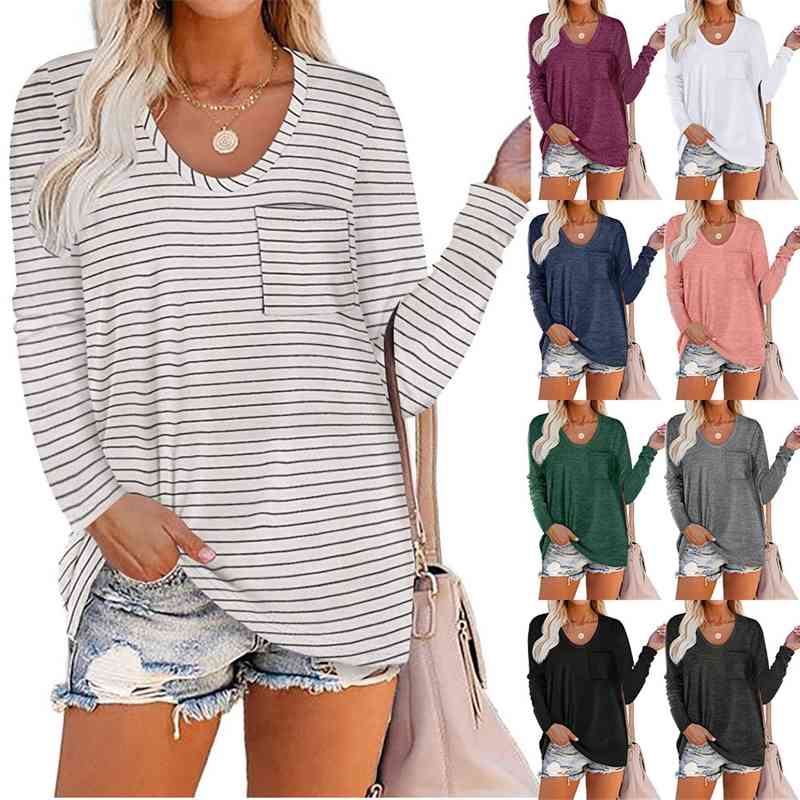 

Carney women' top loose solid color patch bag round neck long sleeve T-shirt, Black