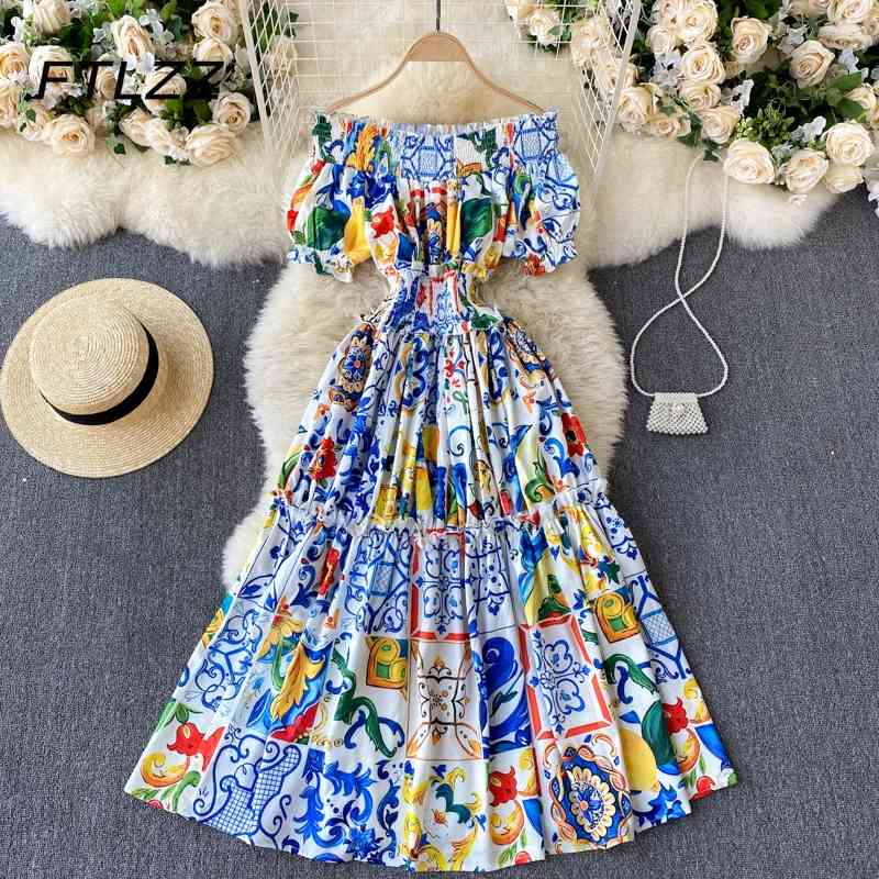 

Woman Boho Midi Dress Summer Sexy Off Shoulder Puff Sleeve Vintage Dresse Slim A Line Printed Party Long Robe Vestidos 210602, Blue