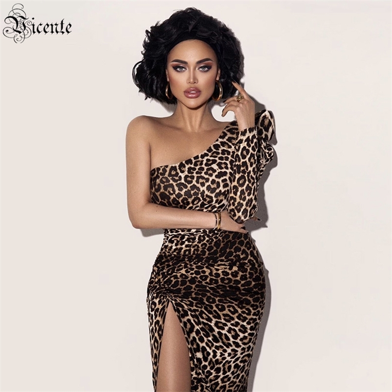 

Ladies Dress Leopard Print Celebrity Party Cocktail One Shoulder Mid-length 210520