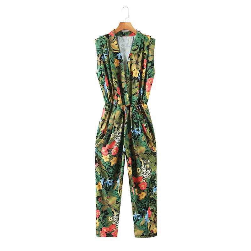 

Fashion Women Floral Pleated Jumpsuits Sleeveless High Waist Pants Printed Rompers Trousers Summer XZ2421 210603, Beige