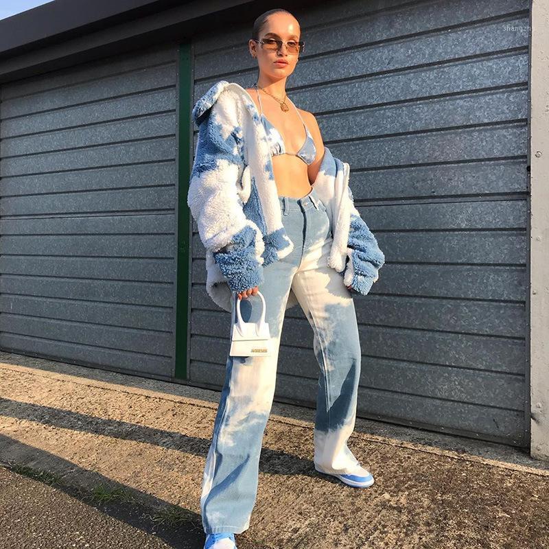 

Zoulv 2021 Winter Women' Tie-dyed Cloud Print Lamb Zip Lapel Coat Jacket Harajuku Comfortable Artificial Wool, Blue