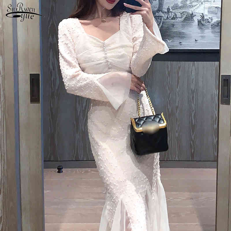 

Elegant Square Collar Dress for Women Boho High Waist Long Dress with Mesh Solid Long Sleeve Party Dress Vestidos 13081 210518, Black