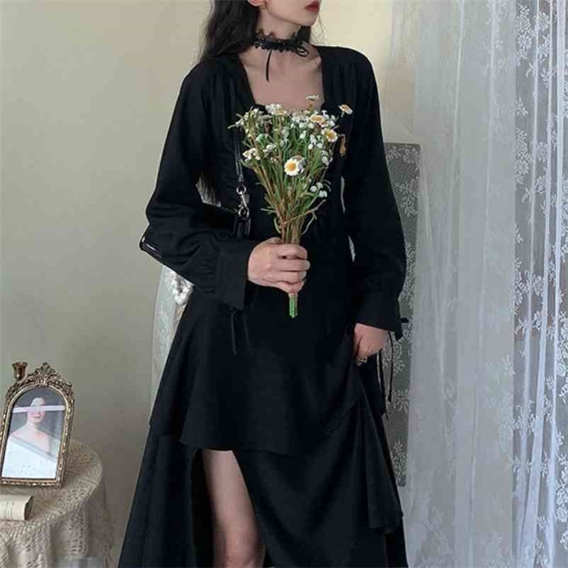 

Black Split Autumn Dress Women Elegant Designer Gothic Female Streetwear Irregular Ruffles Party 210519