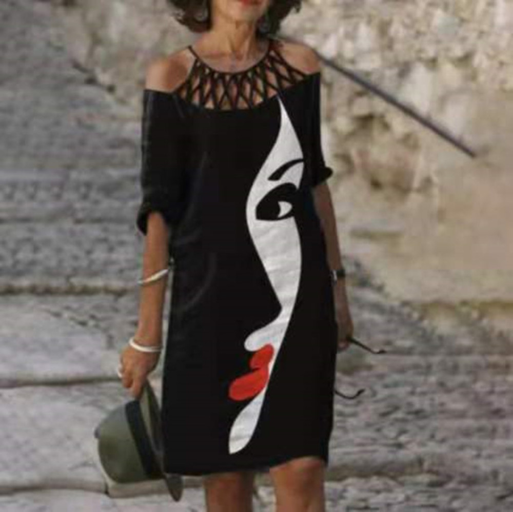 

202with summer printed mid sleeve round neck dress, Black;gray