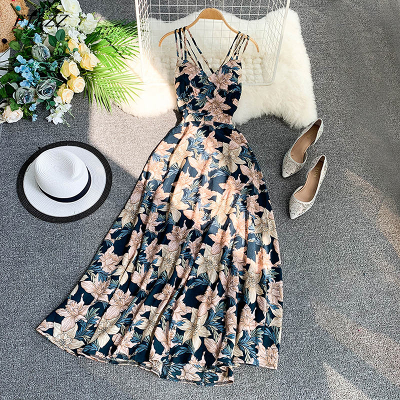 

FTLZZ Women Floral Print Dress Summer Sexy V-neck Backless Long Dresses Female Elegant Bohemian Party Dress Vestido, Black