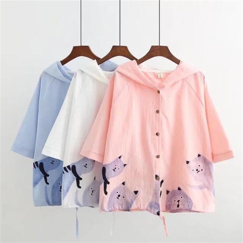 

Women Half Sleeved Thin Jacket Summer Casual Hooded Short Coats Ladies Cute Cat Print Single Breasted Linen Clothes 210525