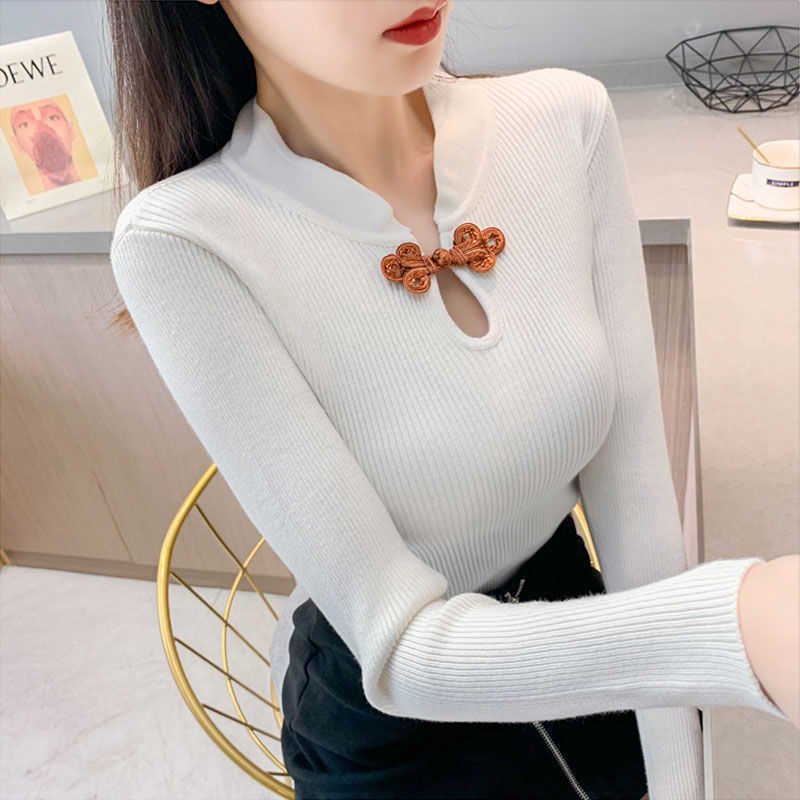 

Knitted Sweater Women Solid V-Neck Korean Fashion Knit Pullover Thin Female Slim Knitwear Women' Clothing Autumn 210604, White