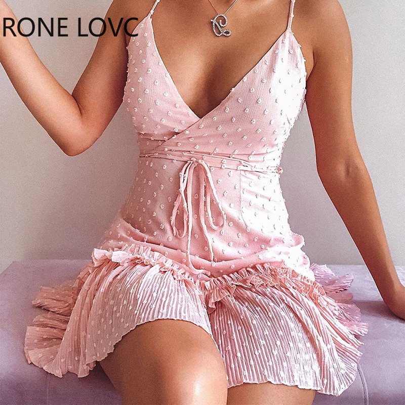 

Women Sleeveless Swiss Dot Ruffles Tied Detail Wrap Dress Elegant Fashion Mini Dress Chic Dress, Pink