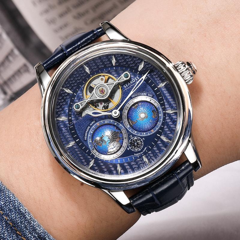 

Wristwatches Fashion Double Globe Automatic Rotating Men Mechanical Watches Earth Flywheel Device Men's Military Wrist Watch 1963 SESKOSS, Black black
