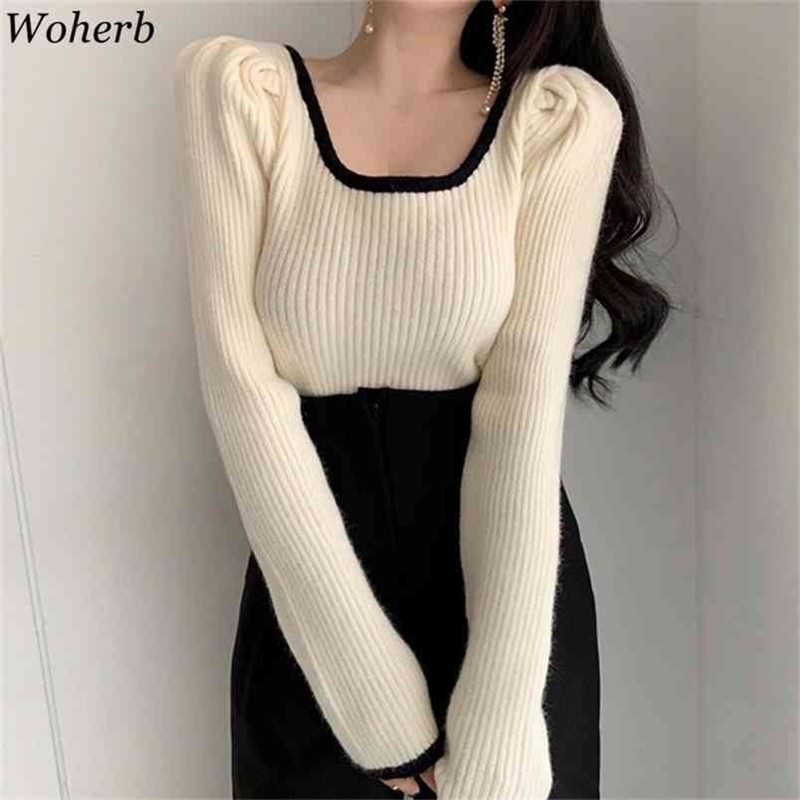 

Autumn Fashion Women Square Collar Cropped Sweater Female Korean Chic Elegant Umpers Knitted Pullover Pull Femme 210519, Beige