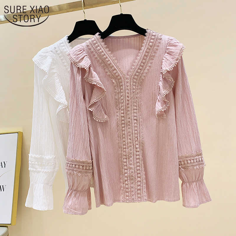 

Korean V-neck Women's Lace Shirts Loose Vintage Long Sleeve Sweet Woman's Blouse Stitching Flare Sleeve Solid Blouse Women 11422 210527, White