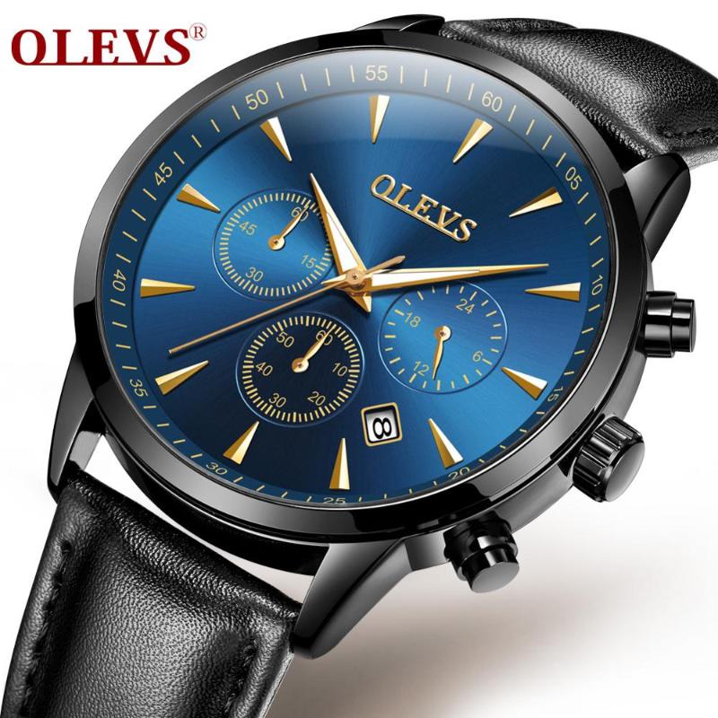 

Wristwatches OLVES Fashion Chronograph Mens Watch Luxury Leather Wrist Watches For Men Quartz Date Waterproof Analog Clock, L brown black watch