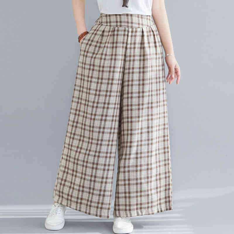 

Johnature Spring Women Wide Leg Pants Plaid Casual Elastic Waist Loose All-match Cotton Linen Plus Size Pants 210521, Khaki