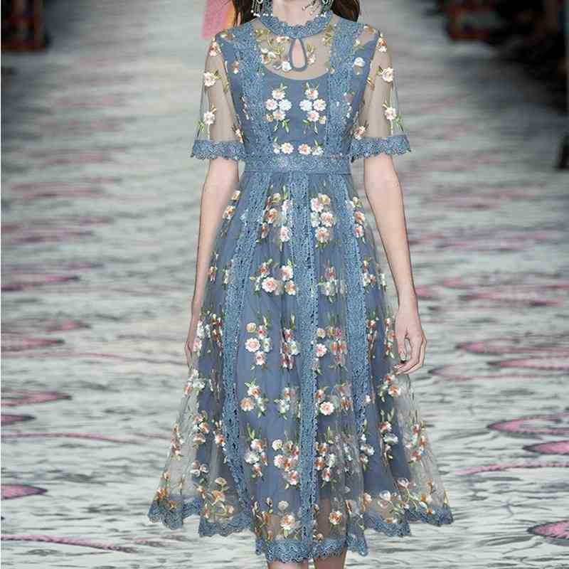 

ZAWFL High Quality Mesh Embroidery Floral Lace Slim Elegant Dress Summer Women's Short Sleeve Ruched Sweet Female Clothes 210525, Picture color