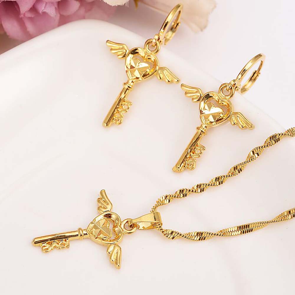 Fashion Necklace Earring Set Party Gift 18 K Solid Fine G/F Gold the window of world key pattern wing Earrings Jewelry-image-677261302