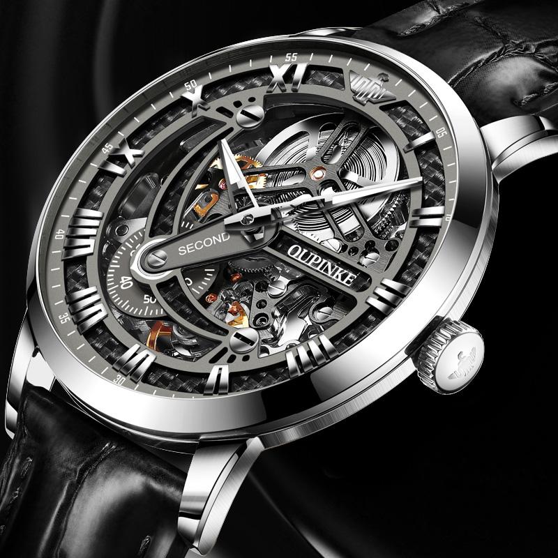 

Wristwatches Luxury Men Mechanical Wristwatch Automatic Watch Skeleton OUPINKE Tungsten Steel Sapphire Relogio Masculino 3173, Brown