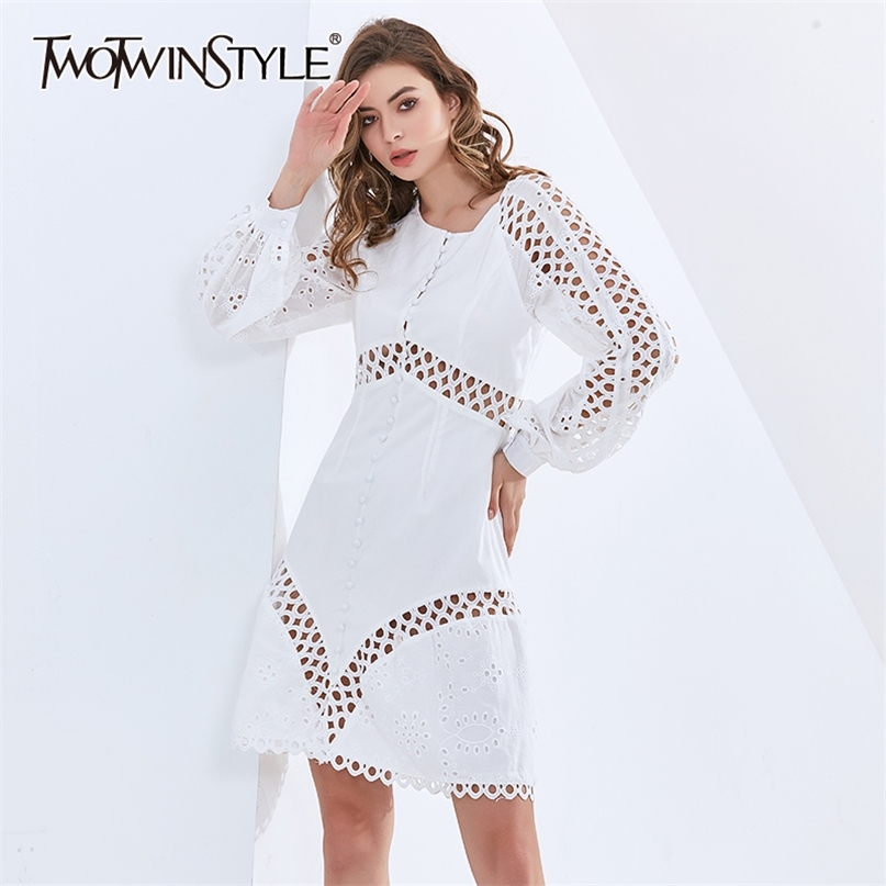 

Hollow Out Elegant Women' Dress O Neck Long Sleeve High Waist Black Dresses Female Fashion Clothing Style 210520