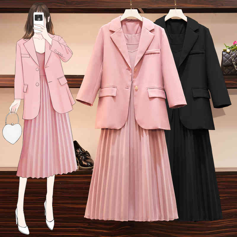 

Women's Suits & Blazers Jsxdhk plus female size 2 piece put together pink autumn turn down collar blazers set + sexy halter plissado midi suit skirt L-4XL V5VD, 1# shoe box