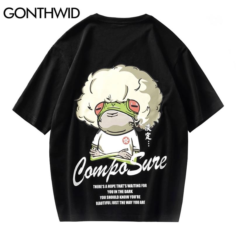 

Tshirts Casual Streetwear Men Summer Cartoon Frog Print Short Sleeve T-Shirts Harajuku Hip Hop Cotton Loose Tees Tops 210602, Black