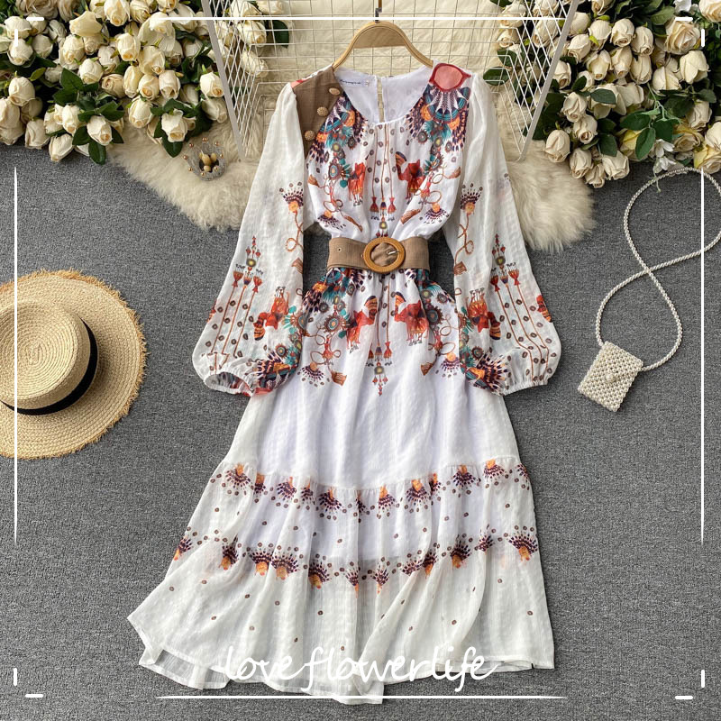

LoveFlowerLife Women O Neck Sashes A-line Spring Fashion Streetwear Midi Dress Korean Retro Puff Sleeve Bohemian Print Dresses 210521, White