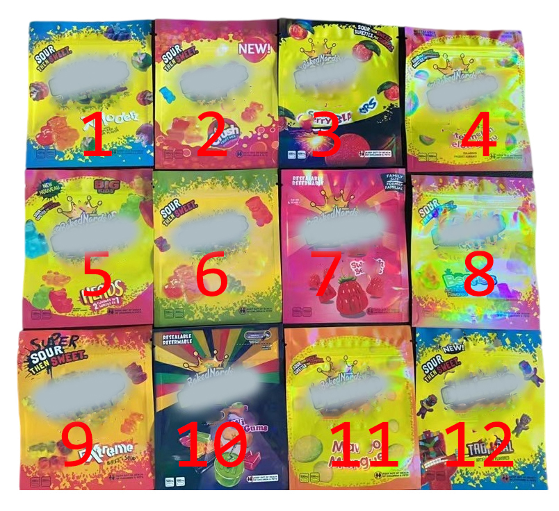 

Hottest 600mg gummmies edibles packaging bags 12 types empty sours tropical watermelon smell proof resealable zipper packages candy gummy my