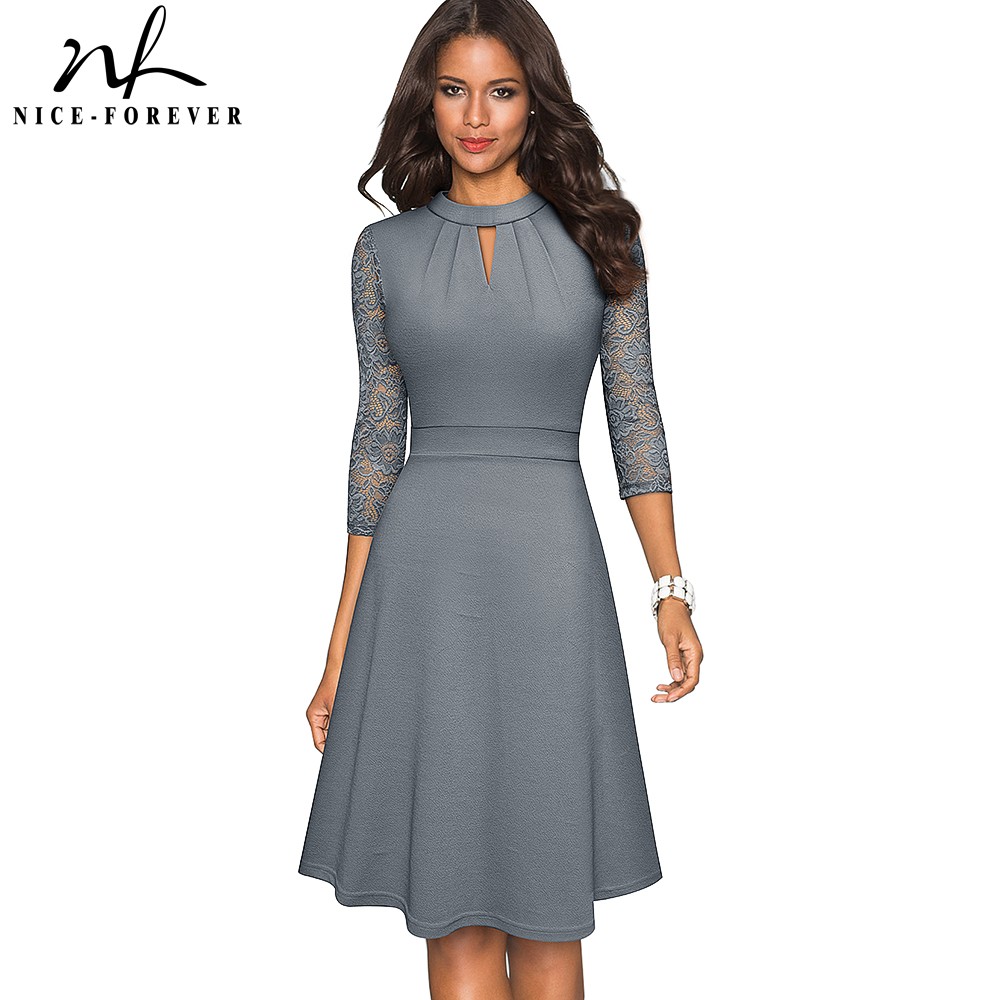 

Nice-forever Autumn Solid Color with Hollow Out Lace Patchwork Retro Dresses Business Party Flare Swing Women Dress A234, Black