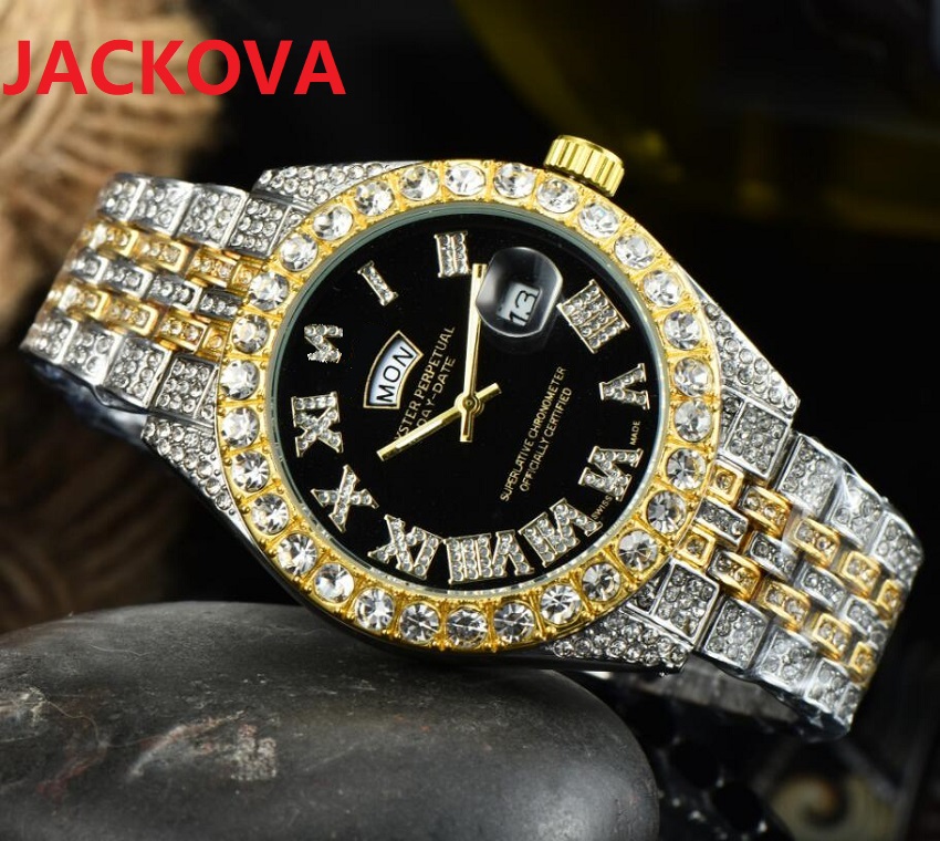 

Fashion Mens Women Diamonds Ring Watches 43mm Iced Out Day Date Quartz Movement Stainless Steel Rhinestone switzerland nice designer double time wristwatch, As pic
