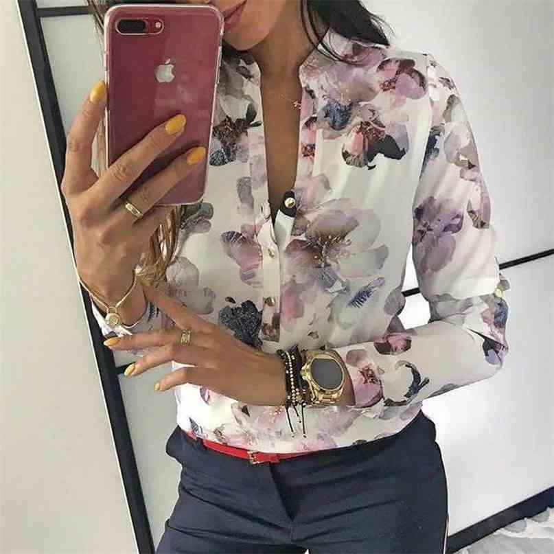 

Spring Women Elegant Casual Blouse Floral Print Button Design Long Sleeve Shirt Basic Top 210607, White