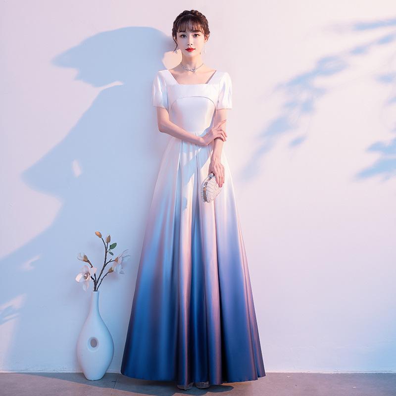

Ethnic Clothing Blue-white Gradients Qipao Square Collar Backless Cheongsam Floor Length Chorus Pleated Dress Gown Temperament Vestidos De F