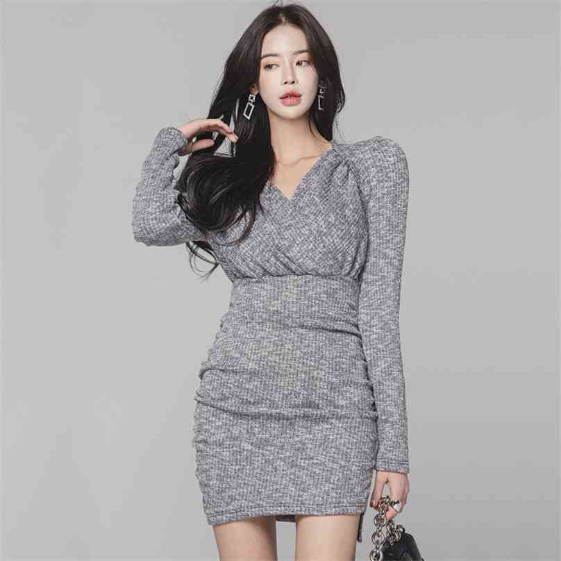 

fall Knitting korean ladies long SLeeve V neck causal mini Party Dress for women china clothing 210602, Gray