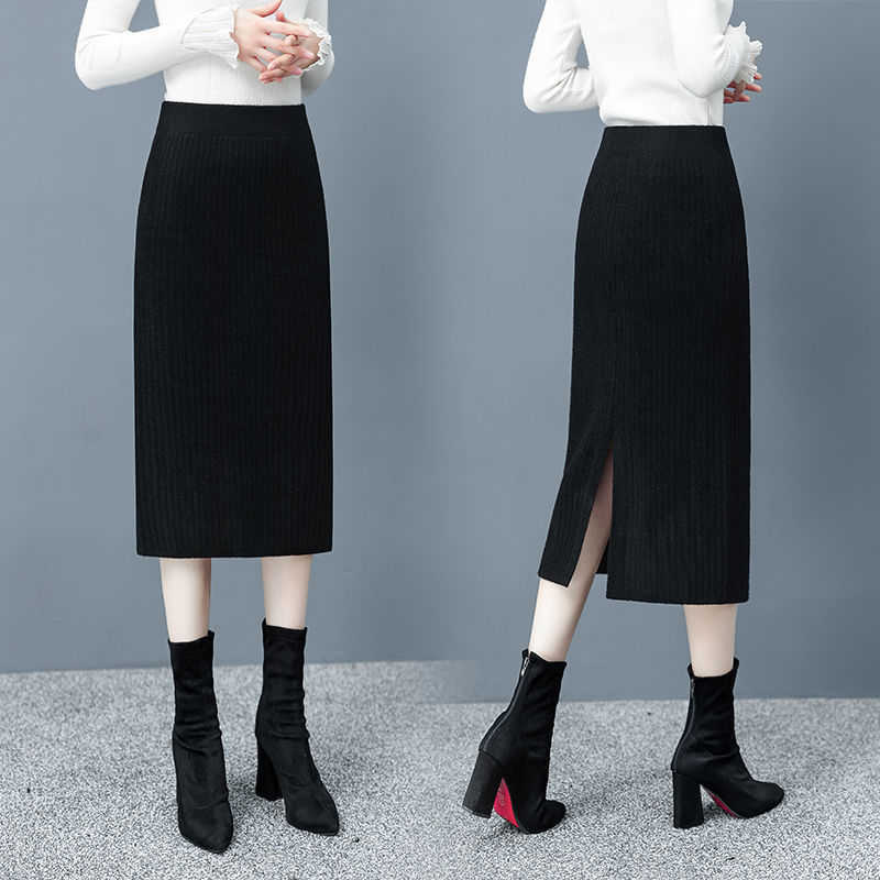 

Elegant 60-80CM Elastic Waist Women Skirt Autumn Winter Warm Rib Knitted Straight Midi Black Thick Split Pencil 210526, Beige 70cm