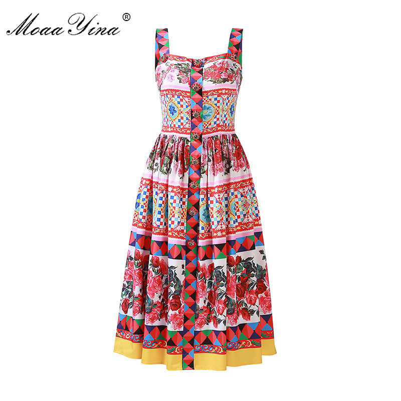 

Fashion Runway Sexy Dress Summer Women Backless Spaghetti strap Floral-Print Buttons Diamond Casual Holiday 210524, Multi