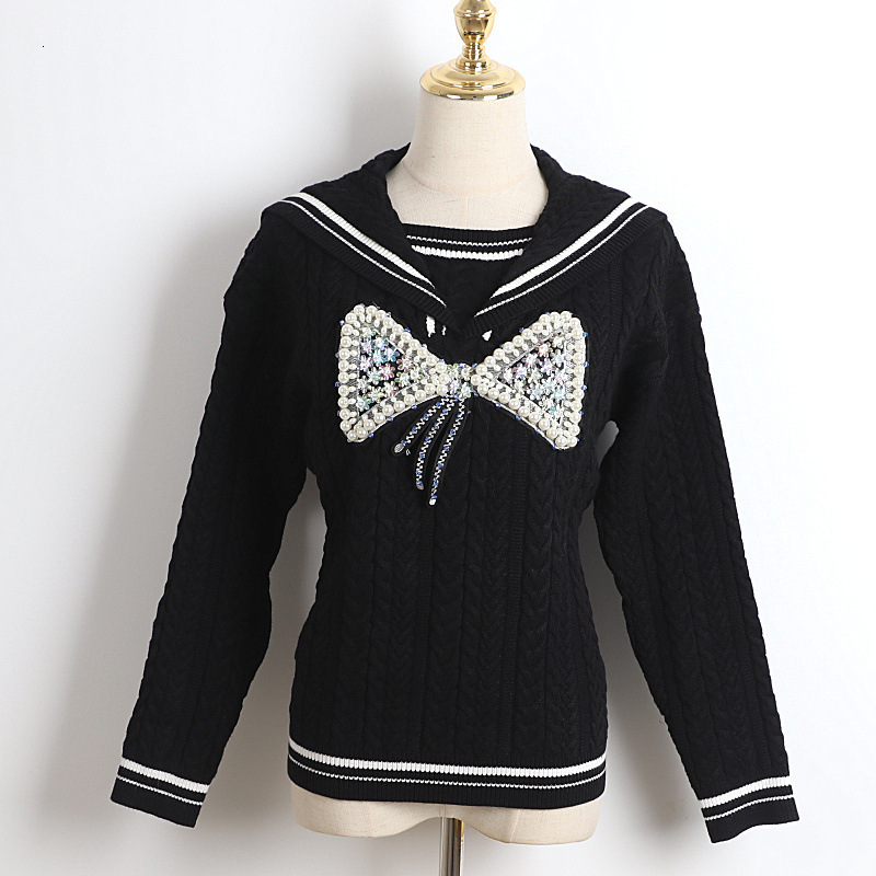 

Women' Sweaters 2021 Campus Loose Black and White Contrast Color Jacket Retro Lapel Long-Sleeved Bow Beaded Children' Chic Top NYUZ