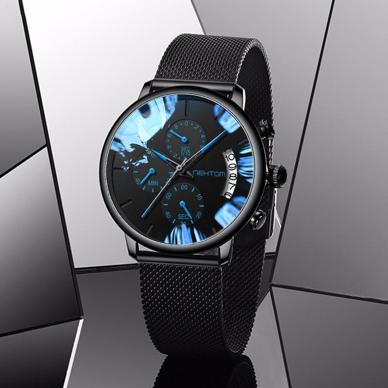 

Wristwatches Brand Mens Watches Fashion Vintage Design Stopwatch Stainless Steel Waterproof Quartz Watch With Date, Black